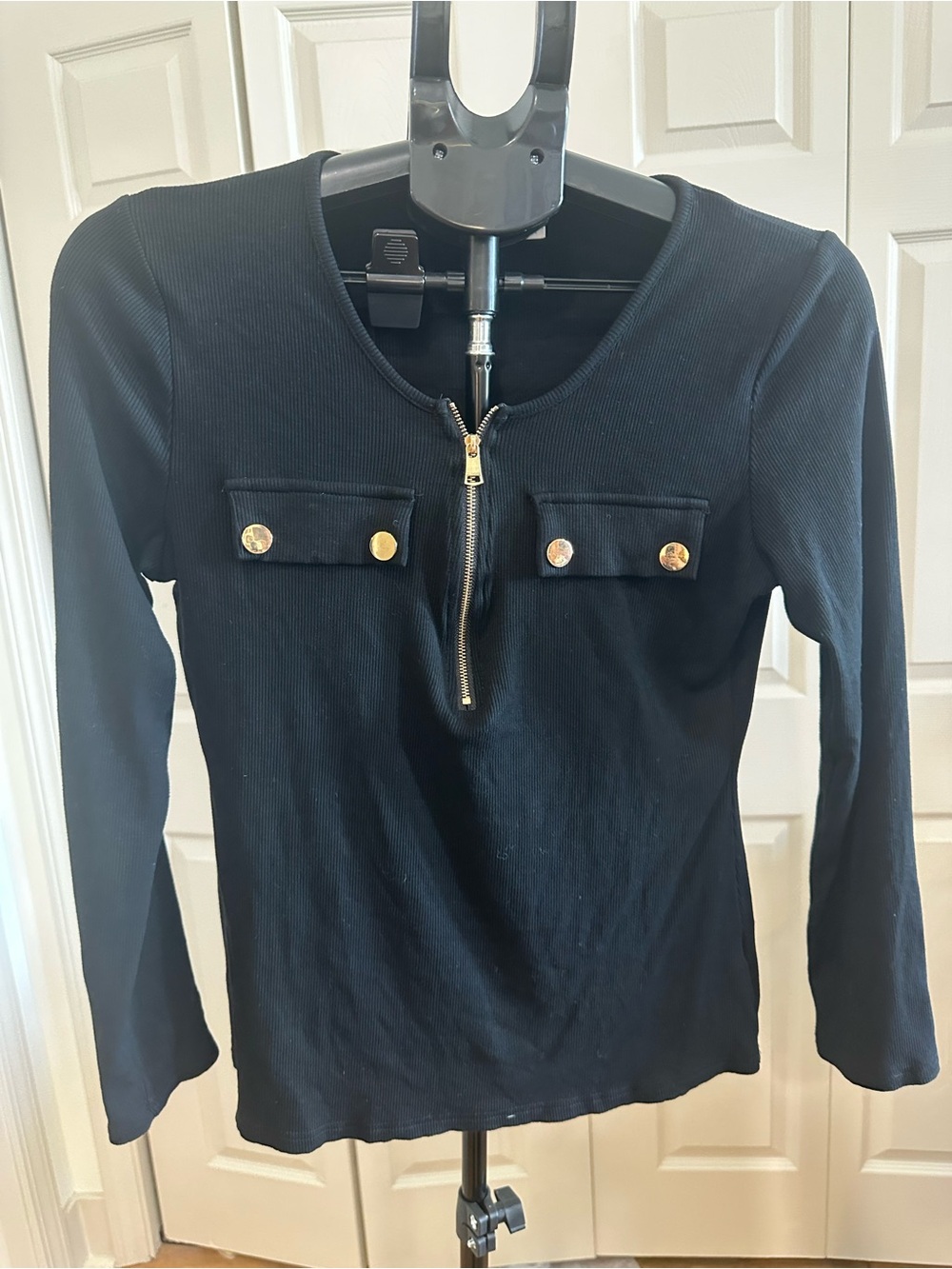Black Long-Sleeve Ribbed Top with Gold Zip and Button Details